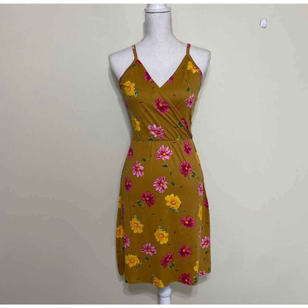 Women's Summer Dress Floral‎ Sleeveless, Wrap Dress, (Size Small),Mustard Brown